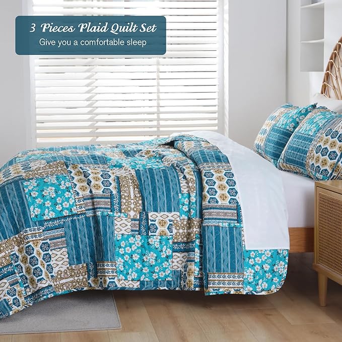 Mybedsoul Dusty Blue Quilt Set Queen Size, 3 Pieces Plaid Floral Bedspread Set - Image 3