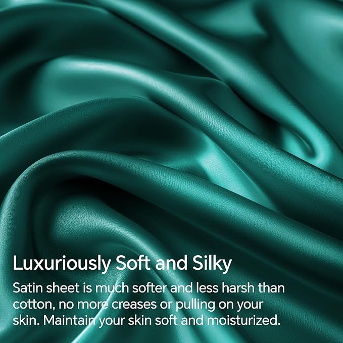 BEDELITE Satin Sheets Full Size Bed Set, Luxury Soft Teal Silky Sheet - Image 3
