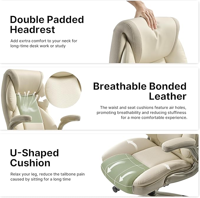 EUREKA ERGONOMIC Executive Office Chair Flip Up Arm Rest, Ergonomic Desk Chair Faux Leather Computer Chair, High Back Office Chair with Headrest, Home Office Desk Chairs with Wheels, Beige-DeskoryOffice