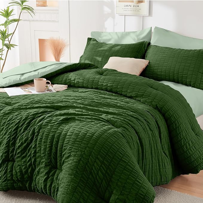 HYMOKEGE Dark Green/Sage Green Twin Comforter Set Seersucker 5 Pieces, All by HYMOKEGE