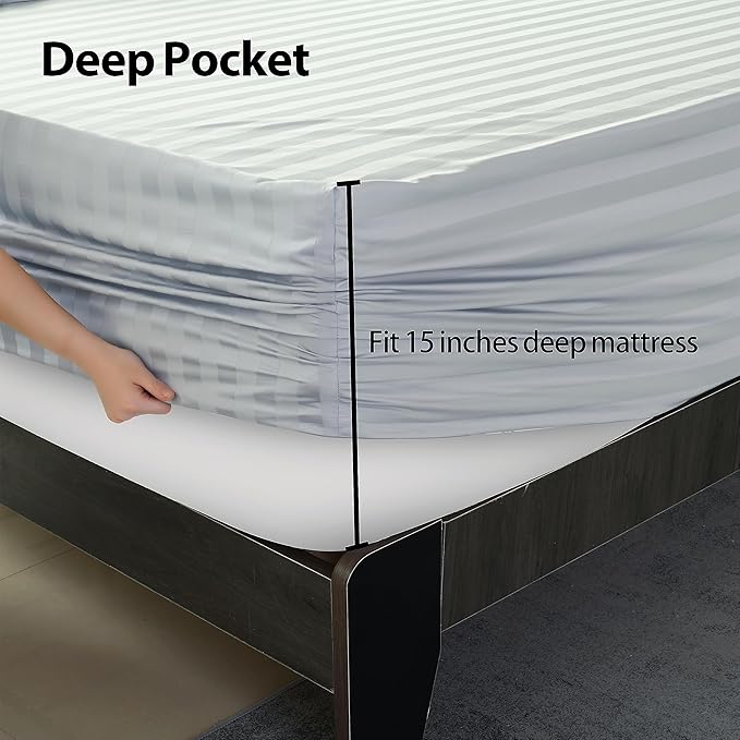 Queen Size Striped Fitted Sheet Only Gray Color, 100% Egyptian Cotton 600 - Image 5