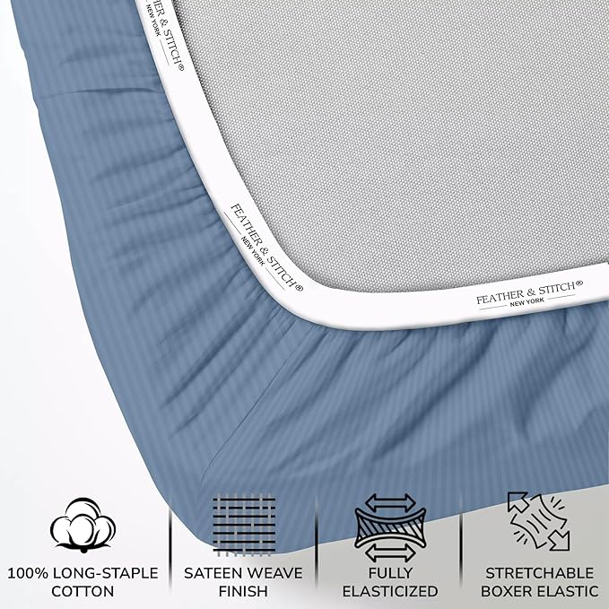 Feather & Stitch 1 Piece Fitted Sheet Full Size, 100% Cotton Damask Sateen Weave - Image 2