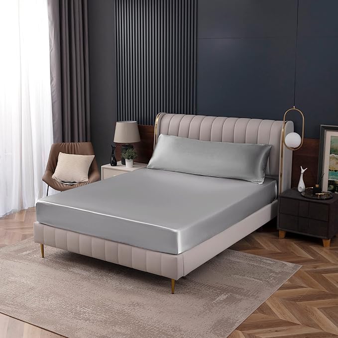 Homiest Light Grey Satin Fitted Sheet Queen Size, Deep Pocket, Luxury & Ultra - Image 8
