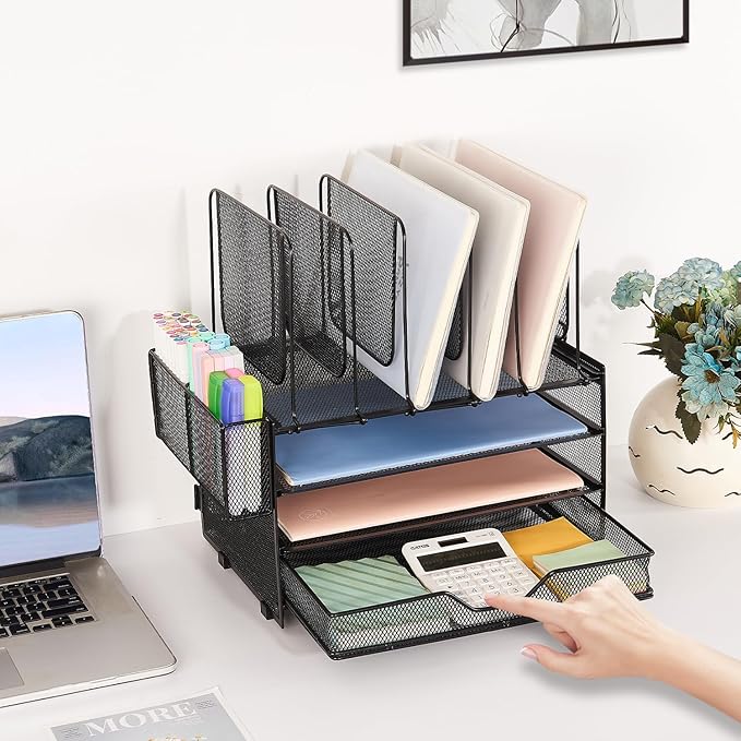 Desk Organizers and Accessories, 3-Tier Paper Organizer with 5 Vertical File Holders, File Organizer for Desk (Black With Drawer, 3T With Drawer)-DeskoryOffice