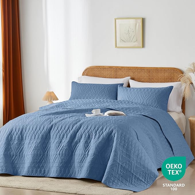 Akkialla King/Cal King Quilt Set, Boho Style in a Solid Color, Bluish Grey - Image 2