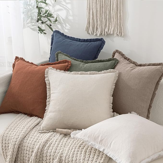 MIULEE Decorative Throw Pillow Covers Neutral Linen Fringe Throw Pillows Set of - Image 6
