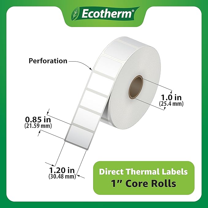 1.2" x .85" Thermal Labels | 4 Rolls | 8800 Labels | fits Zebra, Godex, Arkscan, iDPRT, Offnova Thermal Label Printers and More | Blank White Adhesive Stickers by Ecotherm-DeskoryOffice
