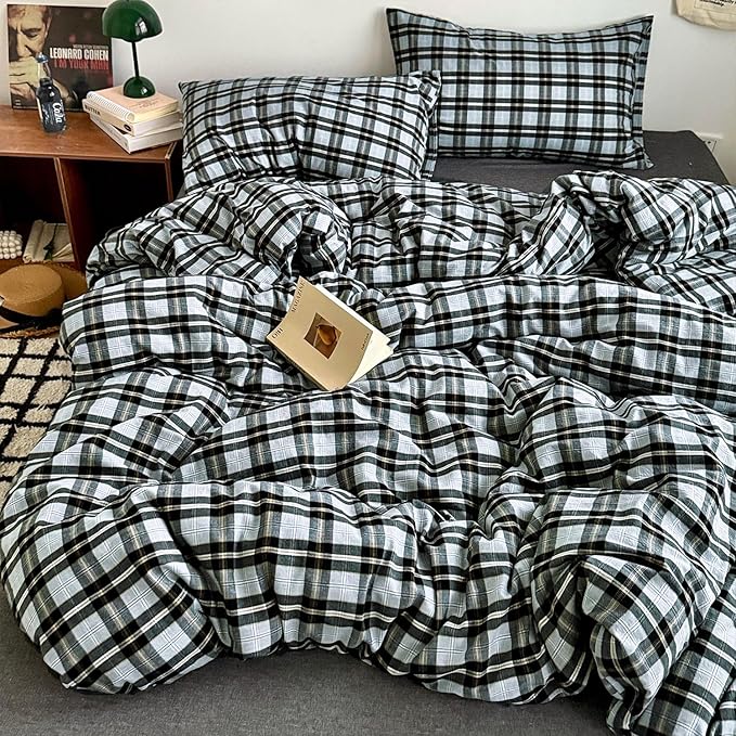 mixinni Vintage Grey & Pale Blue Buffalo Plaid Duvet Cover Set Queen Size - Image 4