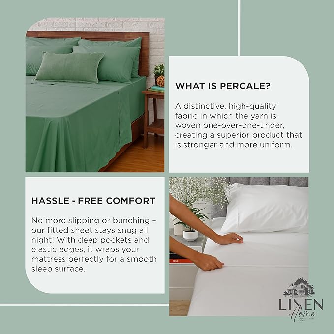 Linen Home 100% Cotton Percale Weave Fitted Sheet, Twin Size, Frosty Green - Image 4