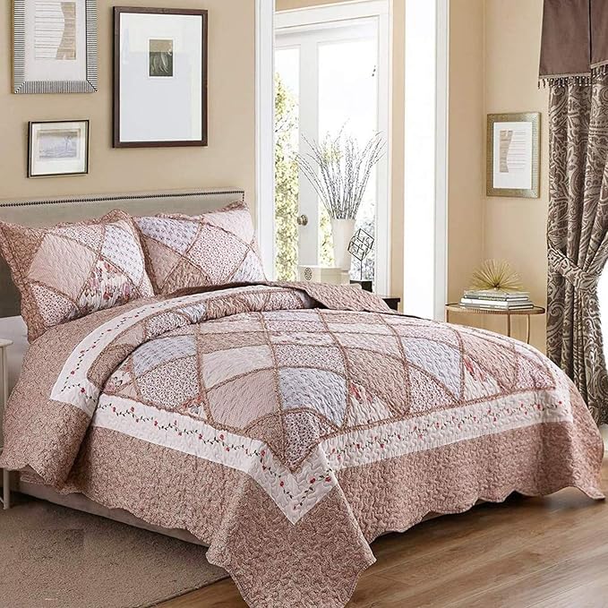 VIVILINEN Queen Size Quilt Set 3-Piece Light Pink Floral Patchwork Reversible - Image 8