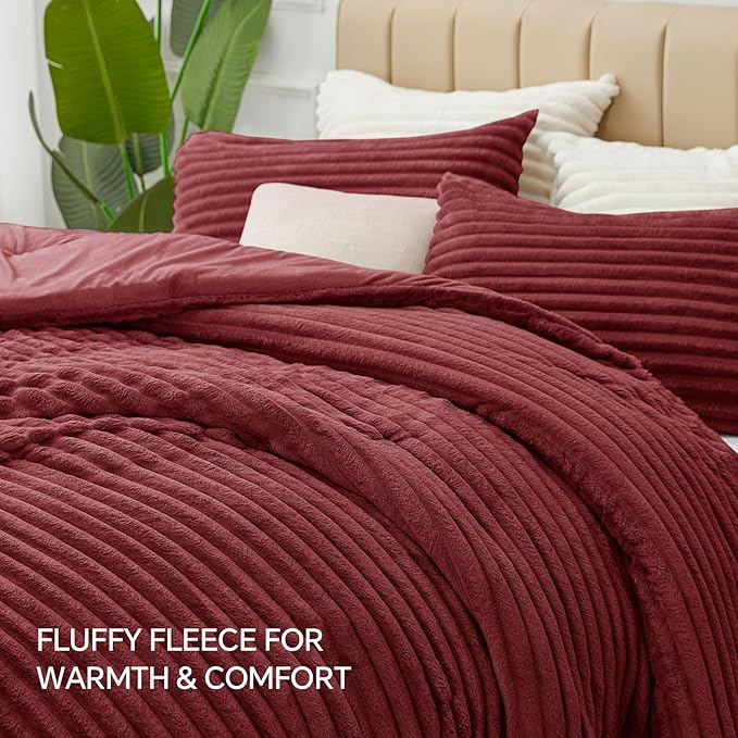 BEDELITE Fleece Full Comforter Set -Super Soft & Warm Fluffy Burgundy Bedding - Image 6