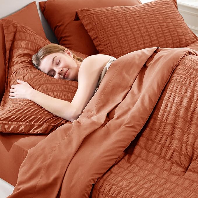 CozyLux Oversized King Comforter Set Burnt Orange Seersucker 7 Pieces 120x98 - Image 5
