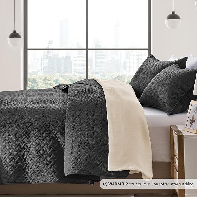 FLYMME Black Twin Quilt Bedding Set Thin Lightweight Bedspreads, Modern Style - Image 4