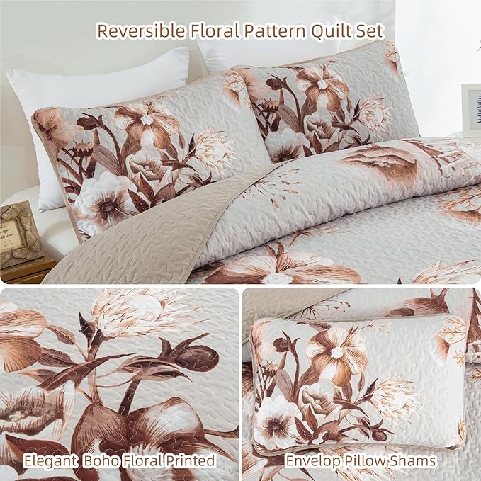 Khaki Floral Quilt Set Queen 3 Pieces Boho Flower Quilt Coverlet Set Soft - Image 7