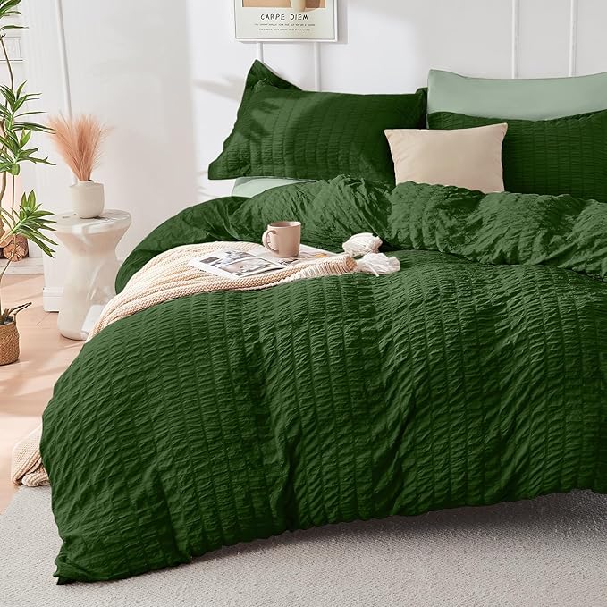 HYMOKEGE Dark Green/Sage Green California King Comforter Set Seersucker 7 Pieces - Image 2