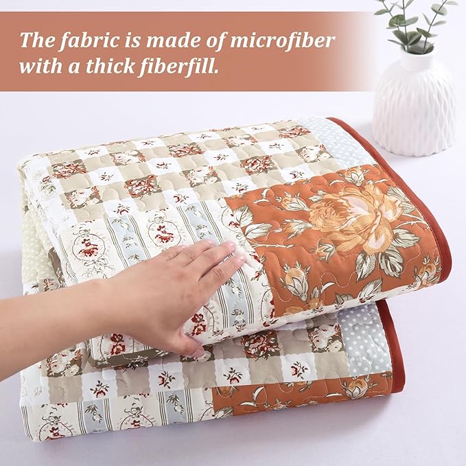 Patchwork Quilts Set King Size 3 Pieces Terracotta Plaid Bedspread Coverlet Set - Image 5