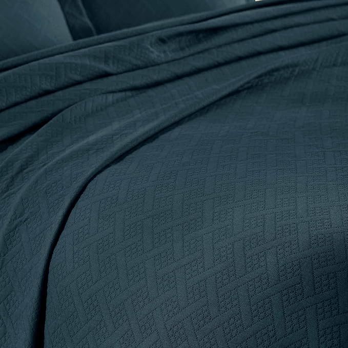 Superior 2 Piece Basketweave Cotton Bedspread Set, Home Bed Decor, Decorative Bed Spread, 1 Pillow Sham, Medium Weight Blanket, Matelasse Coverlet Bedding, Geometric Lattice Pattern, Twin, Deep Sea