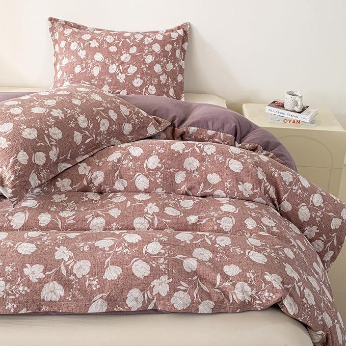 OAITE Purple Flower Twin Size Duvet Cover-3 Pieces Prewashed Cotton-Like - Image 5