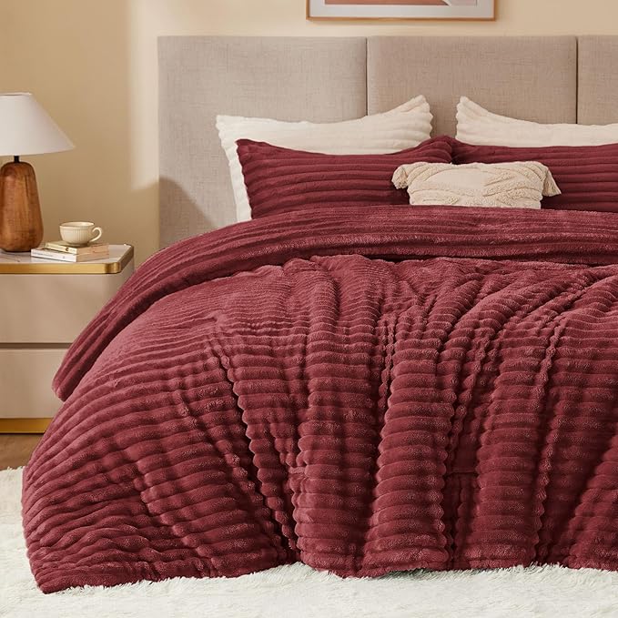 BEDELITE Fleece Full Comforter Set -Super Soft & Warm Fluffy Burgundy Bedding by BEDELITE
