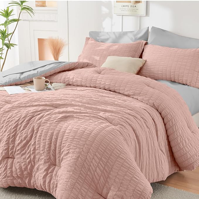 HYMOKEGE Rose Gold/Light Grey King Size Comforter Set Seersucker 7 Pieces by HYMOKEGE
