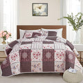 Patchwork Quilt Set King Size, 3 Pieces Brown Floral Plaid Summer Bedspread by Flysheep