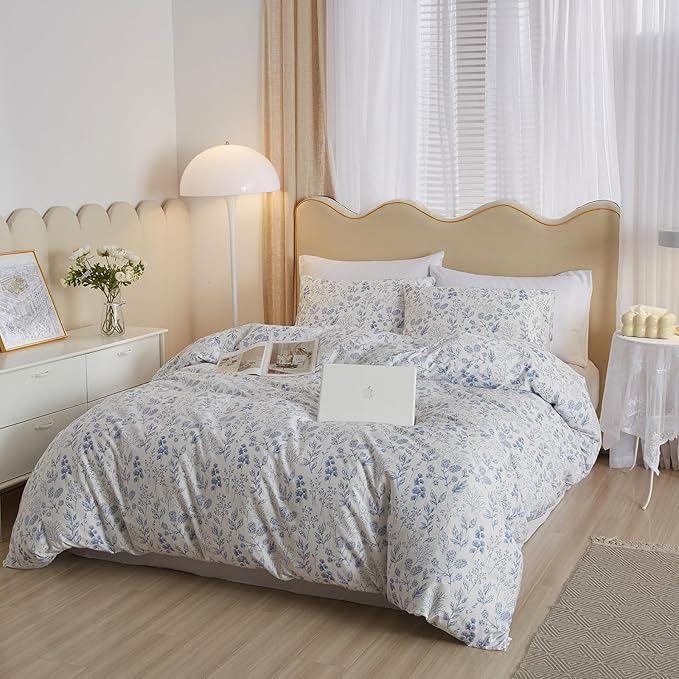 mixinni Small Floral Print Duvet Cover Queen Blue Flower Leaf Duvet Cover Set - Image 3
