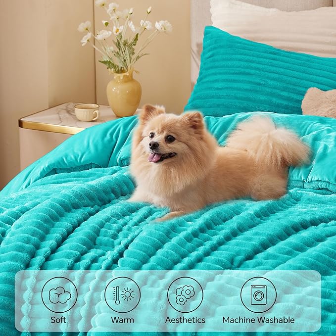 BEDELITE Fleece King Comforter Set -Super Soft & Warm Fluffy Teal Bedding - Image 3