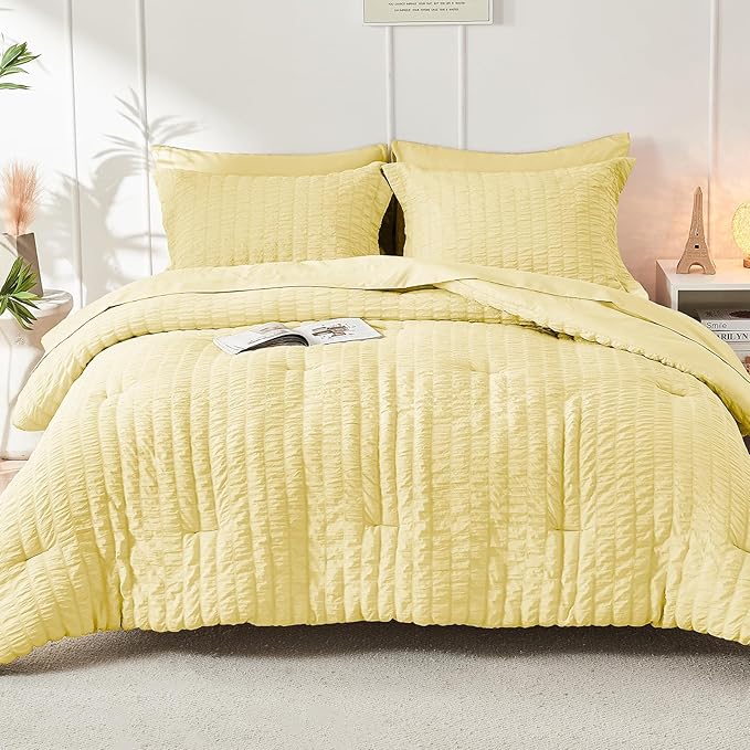 HYMOKEGE Yellow Twin Comforter Set Seersucker 5 Pieces, All Season Luxury Bed - Image 9