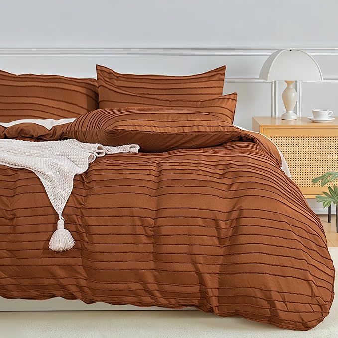 NEXHOME PRO Duvet Cover Queen, Brunt Orange 3 Pieces Boho Tufted Duvet Cover Set by NEXHOMEPRO