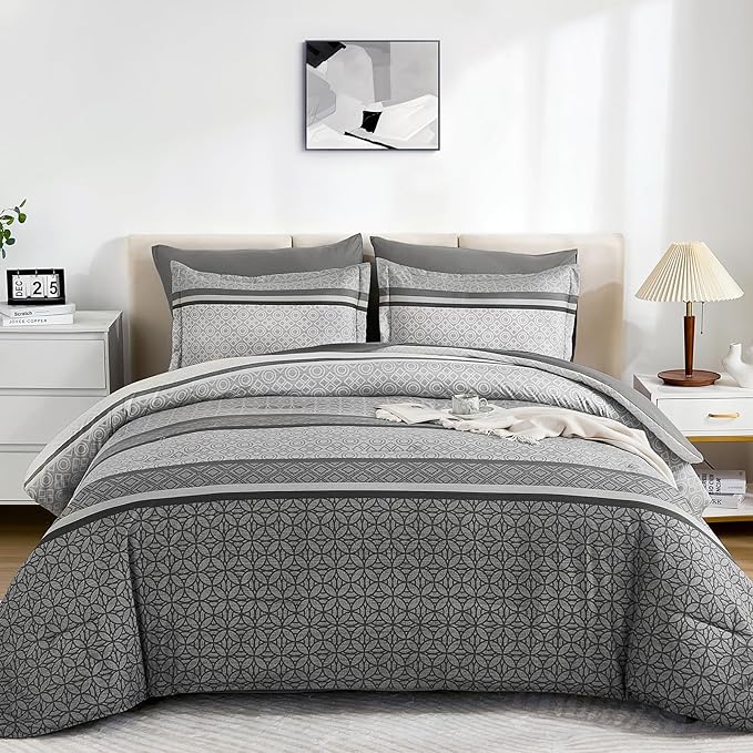 WONGS BEDDING Grey Comforter Set Queen Size, 7 Pieces Striped Bed in a Bag - Image 2