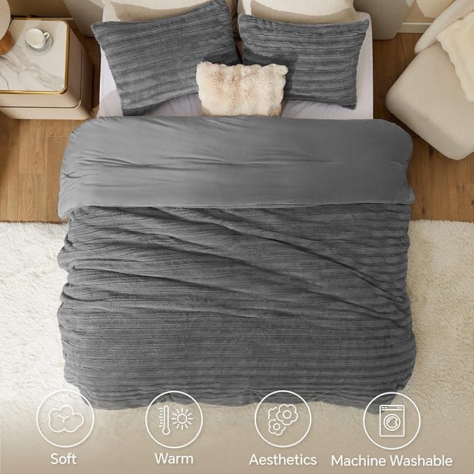 BEDELITE Fleece Twin Comforter Set -Super Soft & Warm Fluffy Grey Faux Fur - Image 3