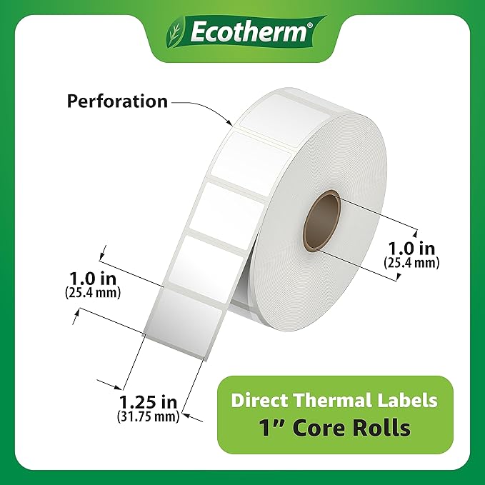 1.25" x 1" Thermal Labels | 4 Rolls | 5520 Labels | fits Zebra, Godex, Arkscan, iDPRT, Offnova Thermal Label Printers and More | Blank White Adhesive Stickers by Ecotherm-DeskoryOffice
