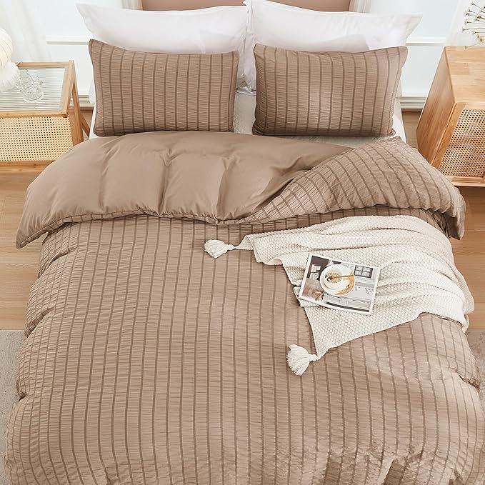 AveLom Taupe Duvet Cover Cal King, 3 Pieces, Seersucker Striped Soft Washed - Image 7