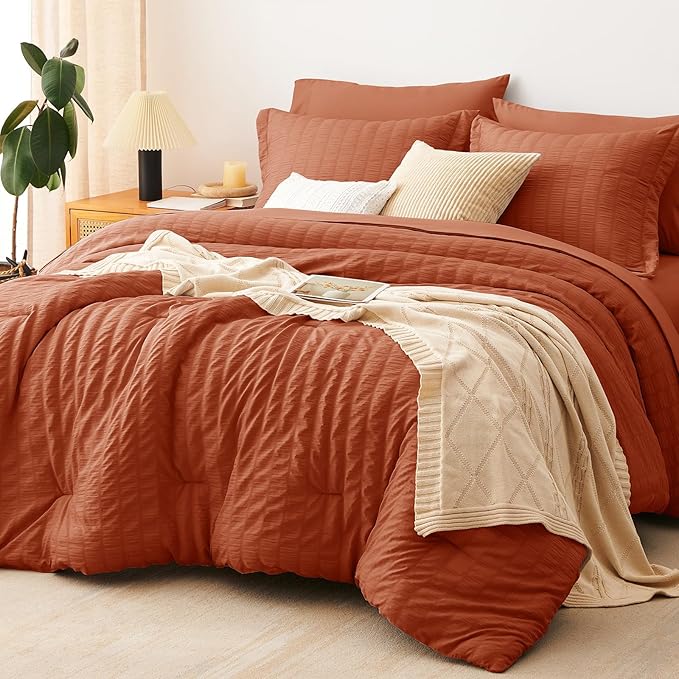 CozyLux Oversized King Comforter Set Burnt Orange Seersucker 7 Pieces 120x98 by CozyLux