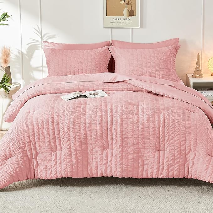 HYMOKEGE Rose Pink California King Comforter Set Seersucker 7 Pieces, All - Image 8