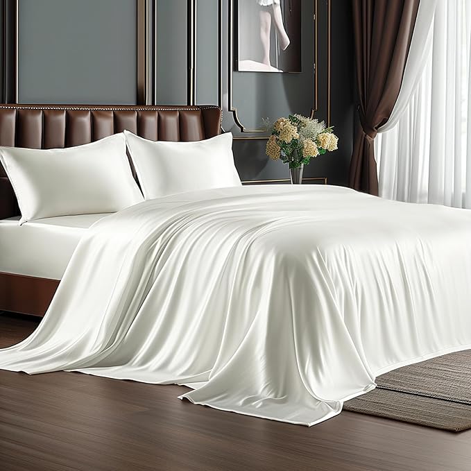 BEDELITE Satin Sheets Full Size Bed Set, Luxury Soft Ivory White Silky Sheet by BEDELITE