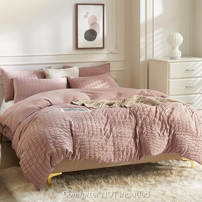 JELLYMONI Smokey Pink Duvet Cover Queen Size, Soft Breathable Seersucker Duvet - Image 3