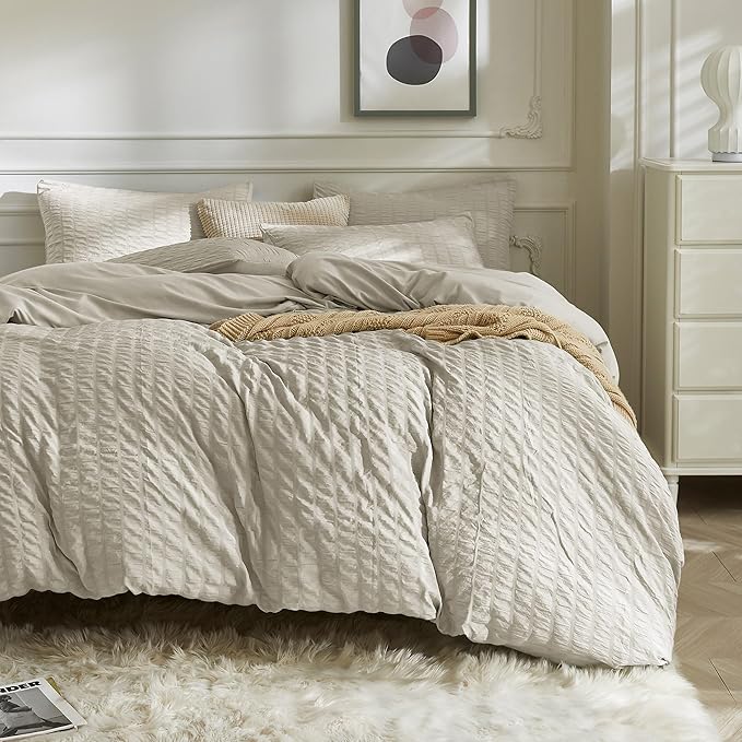JELLYMONI Beige Duvet Cover Twin Size, Soft Breathable Seersucker Duvet Cover by JELLYMONI