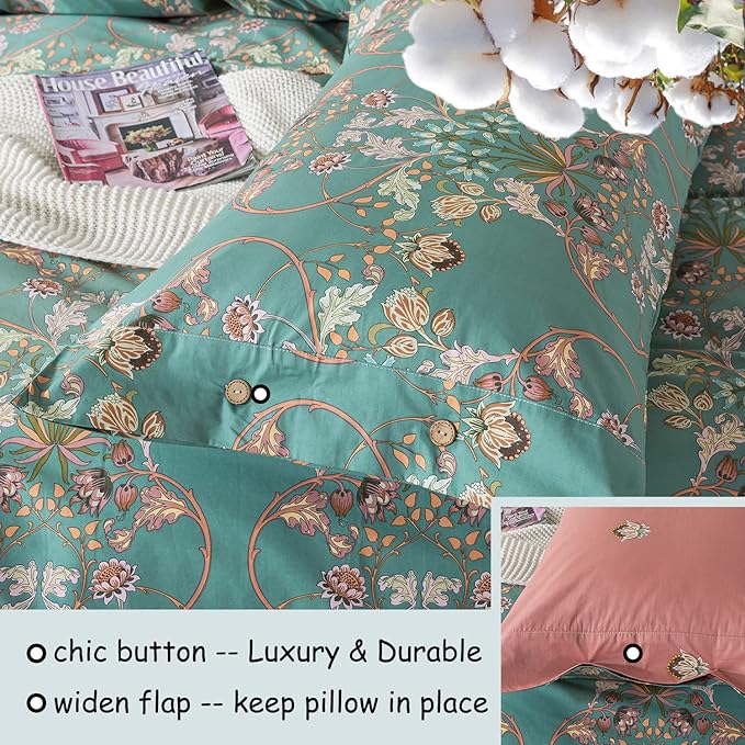 FADFAY Duvet Cover Set Button Closure Floral Bedding King/Cal King 100% Cotton - Image 4