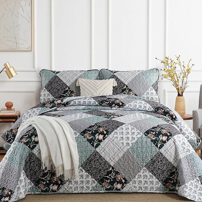 Xruibed Floral Plaid Patchwork Quilt Set King Size 3 Pieces Blue Gray Bedspread by Xruibed