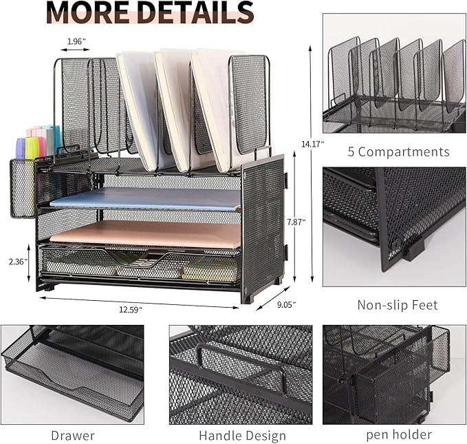 Desk Organizers and Accessories, 3-Tier Paper Organizer with 5 Vertical File Holders, File Organizer for Desk (Black With Drawer, 3T With Drawer)-DeskoryOffice