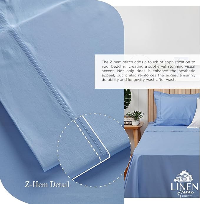 Linen Home 100% Cotton Percale Sheets Queen Size, Baby Blue, Deep Pocket - Image 3