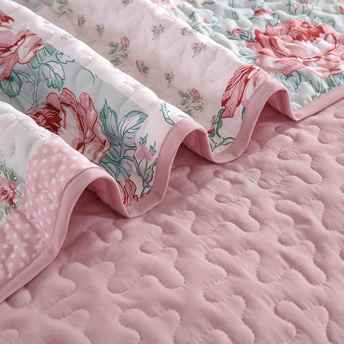 Patchwork Quilt Set Queen Size, 3 Piece Soft Microfiber Reversible Pink Grey - Image 8