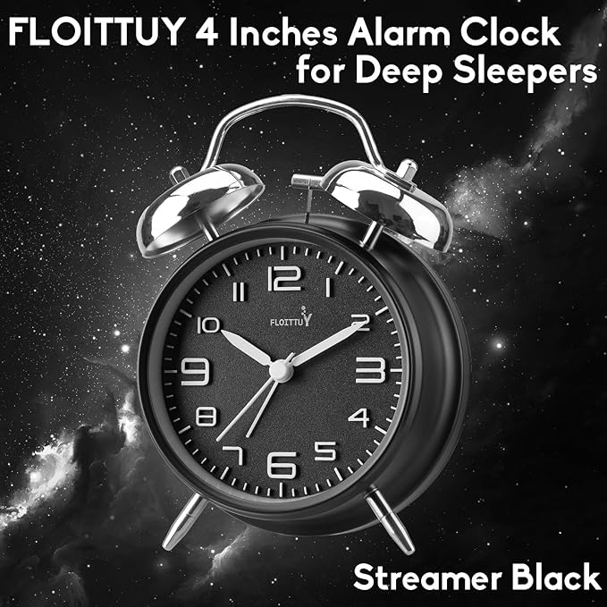 (Loud Alarm for Deep Sleepers 4'' Twin Bell Alarm Clock, Stereo Digital Dial Alarm Clock with Backlight for Bedroom and Home Decoration(Streamer Black)