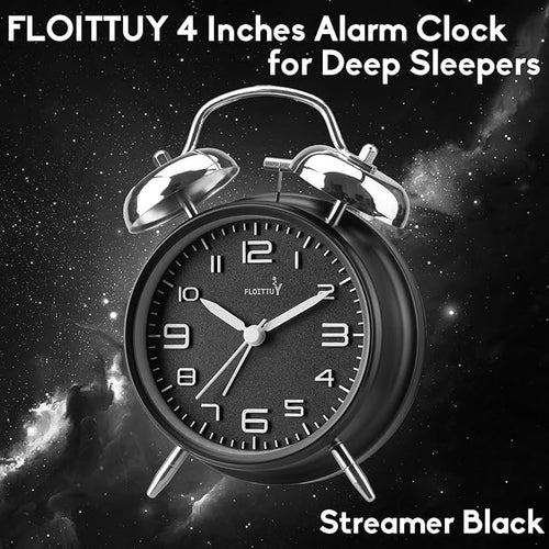 (Loud Alarm for Deep Sleepers 4'' Twin Bell Alarm Clock, Stereo Digital Dial Alarm Clock with Backlight for Bedroom and Home Decoration(Streamer Black)