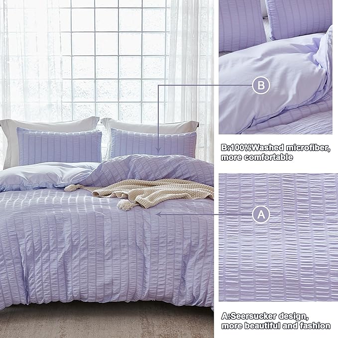 AveLom Lavender Purple Seersucker Duvet Cover Set Full, 3 Pieces, Ultra Soft - Image 5