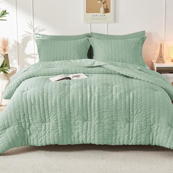 HYMOKEGE Sage Green California King Comforter Set Seersucker 7 Pieces, All - Image 9