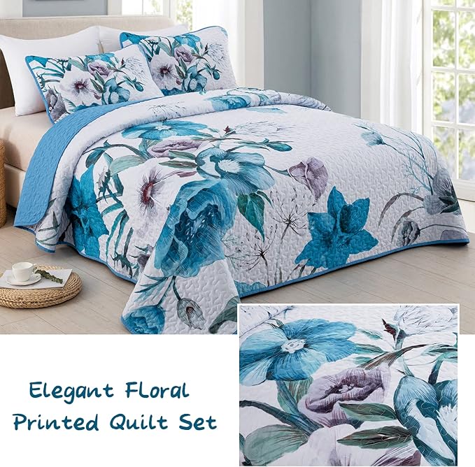 Floral Quilt Set Queen 3 Pieces Boho Blue Floral Quilt Coverlet Set Soft - Image 2