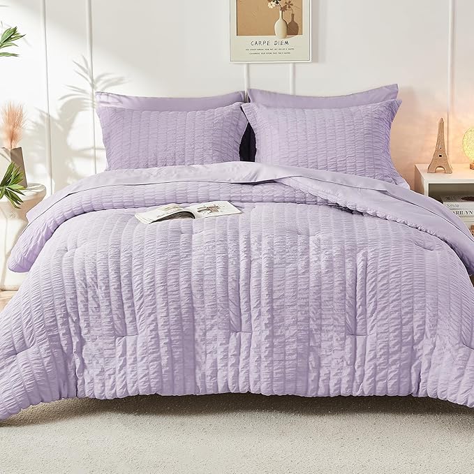 HYMOKEGE Lavender King Size Comforter Set Seersucker 7 Pieces, All Season - Image 9