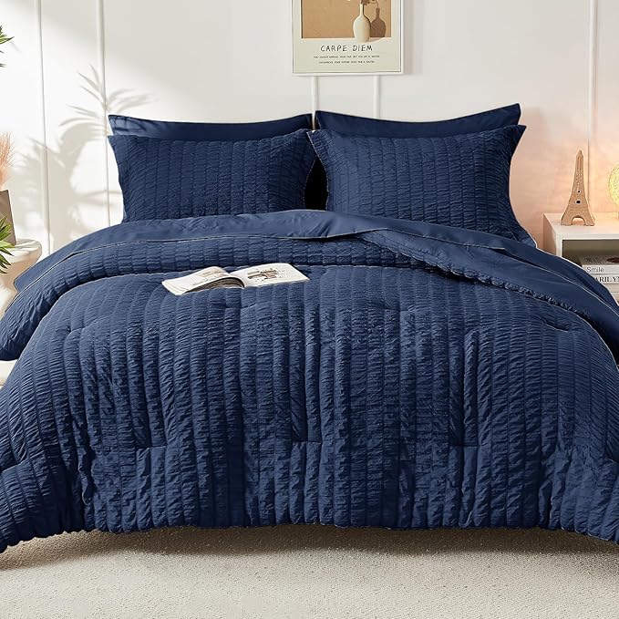 HYMOKEGE Navy Blue Oversized King Comforter Set Seersucker 7 Pieces, All Season - Image 9